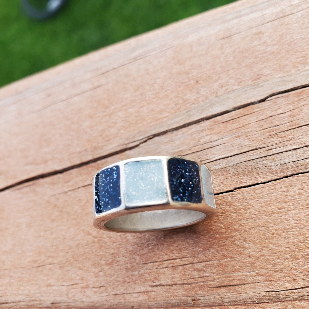 Handmade Enamal & Sterling Silver Ring- Midnight/Aqua (Size 6 1/2) - Picture 3 of 6